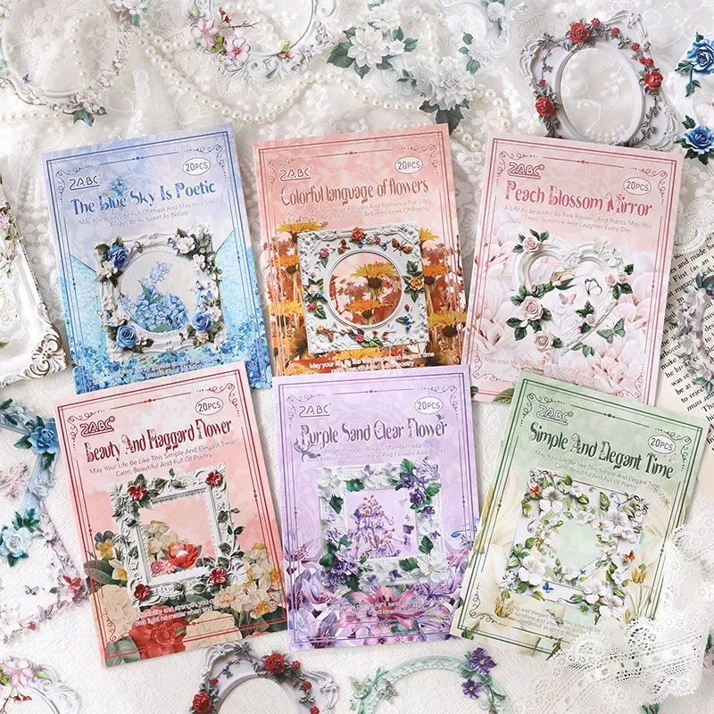 

20Pcs/bag Painting Flower Frame Retro Vintage Scrapbooking Sticker Bag Waterproof PET Journal Material Creative Collages