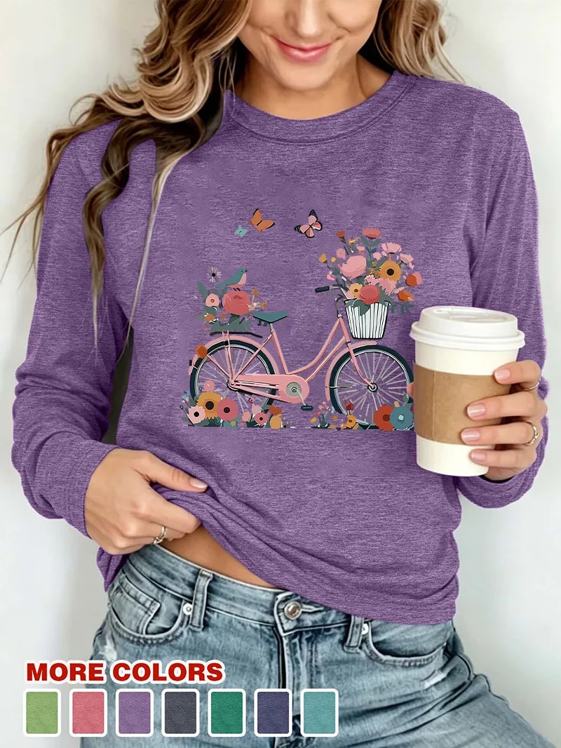 Harajuku Elegant Women Long Sleeve T Shirt Floral Bicycle Butterfly Print Top Soft Comfort Crew Neck Casual Ladies Autumn Tee