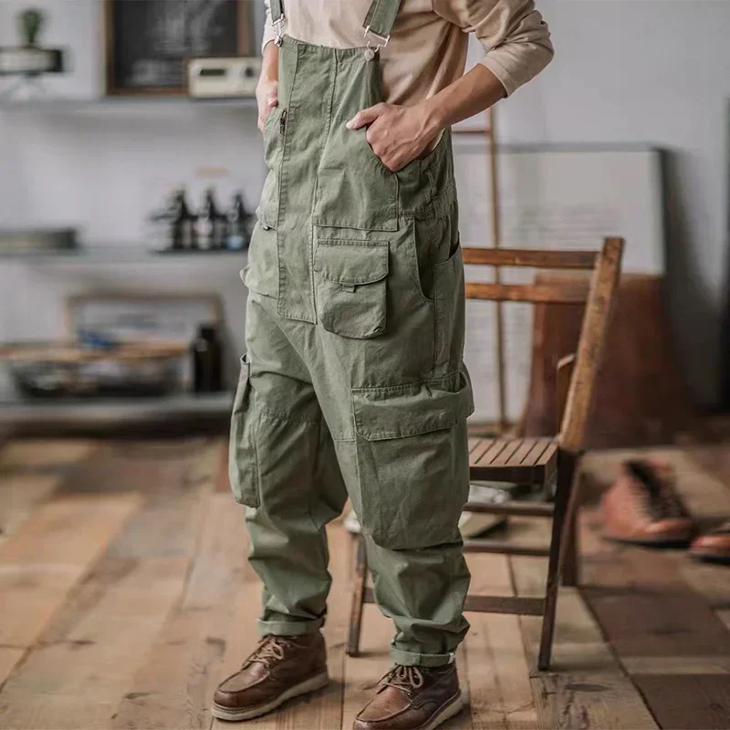 Retro American Cotton Overalls Bibs Loose Washing Jumpsuit Men\'s Suspenders Four Seasons Full Length Baggy Pants