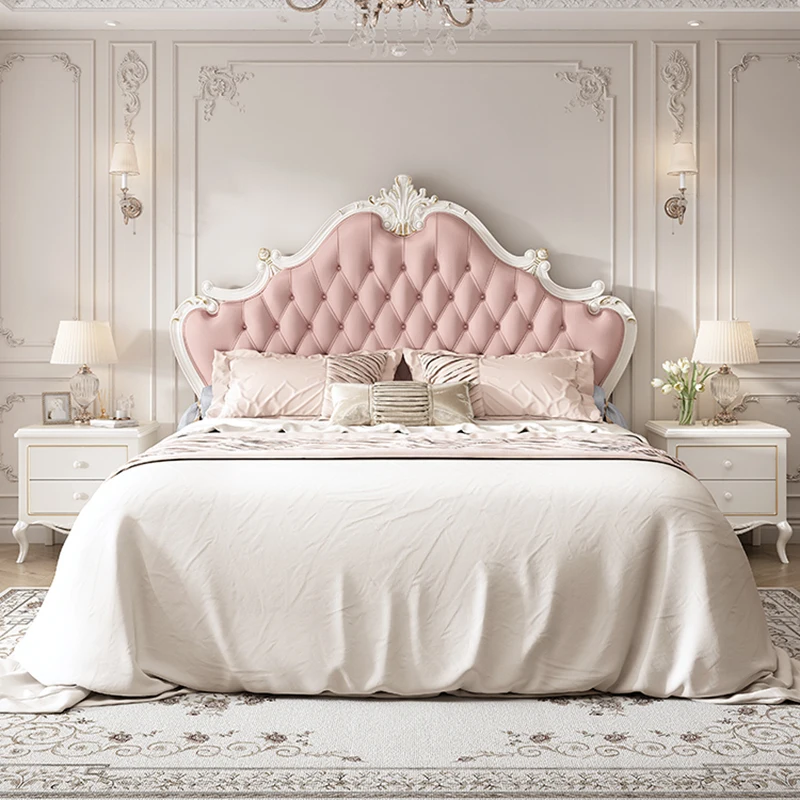 

French Leather European Style Elegant Double Bed Pretty Carved Luxury Queen Bed Frame Modern Cama Matrimonial Bedroom Furniture