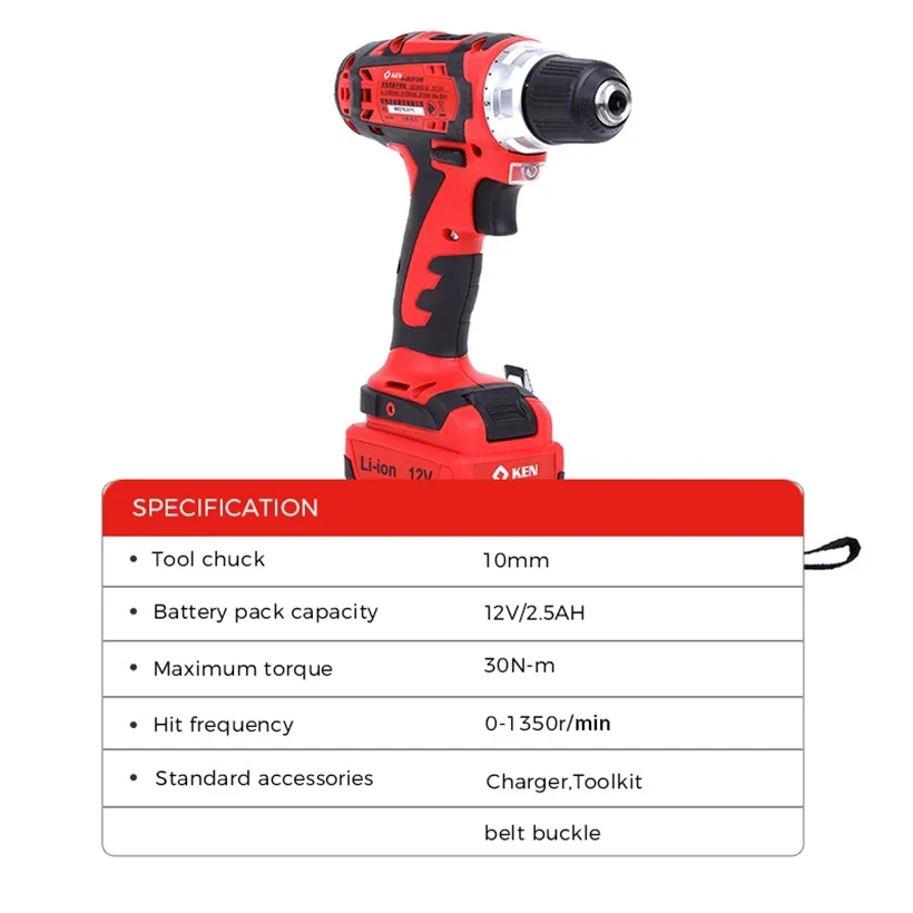 KEN 10mm 12V/2.5Ah Battery Double Speed 30Nm Li-ion Cordless Drill