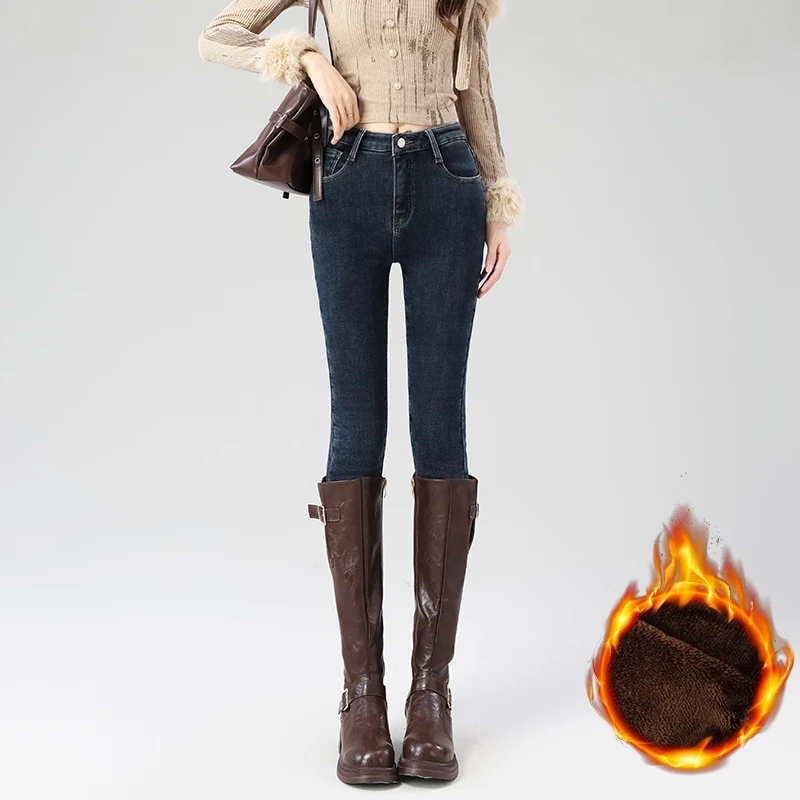 Frauen Fleece Warme Winter Jeans Verdicken Elastische Dünne Bleistift Hosen Mode Koreanische Dünne Plüsch Thermo Leggings Hosen – Detail 3