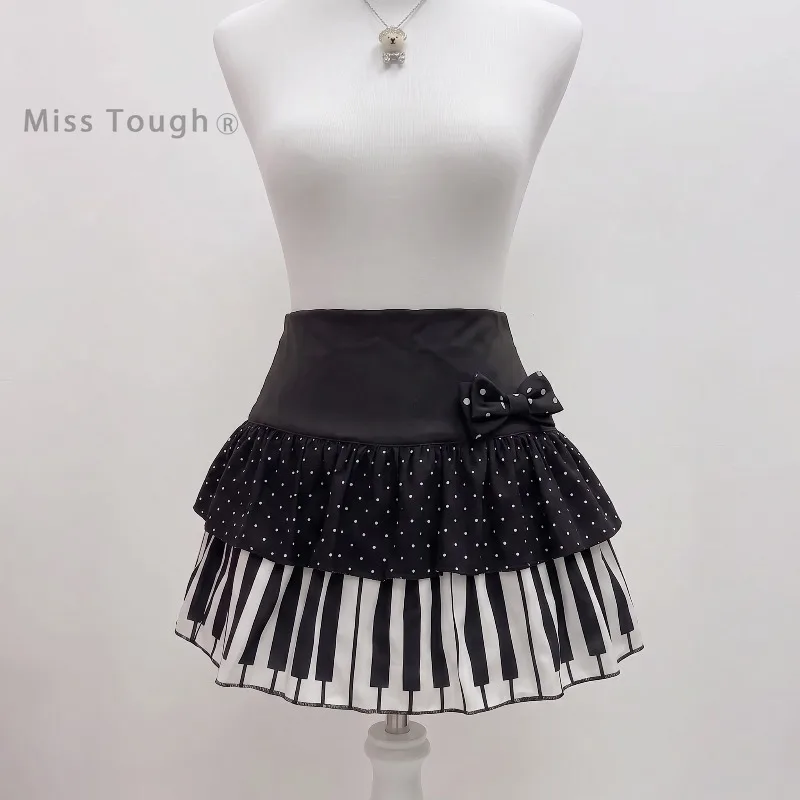 Japanese Y2K Cute Women's Polka Dot Piano Print Mini Skirt High Waist Ruffle Bow Trim Casual Party Music Festival Daily Outfits