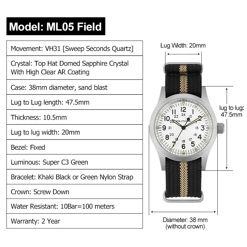 Militado ML05 38mm Men Watch VH31 Quartz Military Watches Domed Sapphire AR Coating 100m Waterproof Stainless Steel Wristwatch