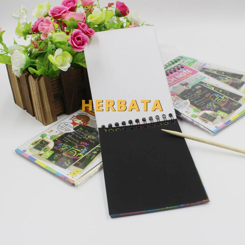 HERBATA Scratch note Black cardboard Creative DIY draw sketch notes for kids toy notebook zakka material Escolar School Supplies