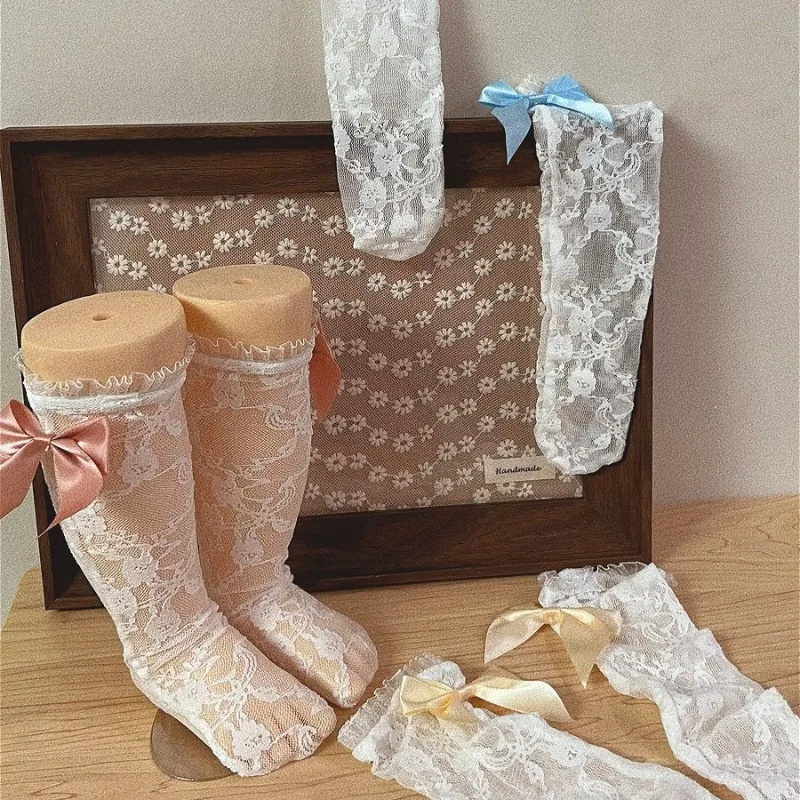 0-6yrs New Baby's Long Socks Cute Big Bowknot White Lace Socks Girls Children's Vintage Floral Pattern Lace Ruffles Lolita Style
