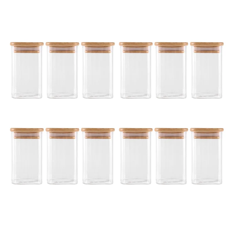 

A33R-12Piece Glass Spice Jars With Bamboo Lid 8Oz Airtight Square Spice Containers Empty Seasoning Jars For Spice Salt Sugar