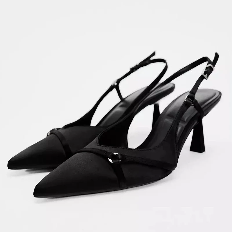 

Office Ladies Sandals 2024 Summer High Quality Pointed Toe Slingbacks Footwear Black Shallow Modern Heels Dress Shoes Women