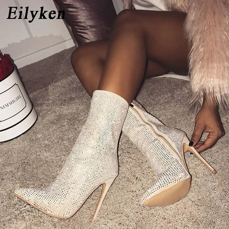 Eilyken Lente Herfst Kristal Steentjes Vrouw Enkellaarsjes Sexy Dunne Hoge Hakken Rits Puntschoen Moderne Vrouwtjes Schoenen