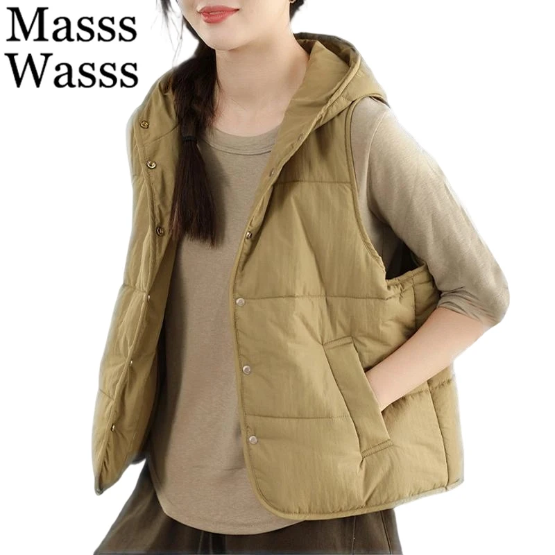 

Mass Wasss Зимняя мода Классические пальто без рукавов Женская мода Свободный теплый стеганый жилет Женские повседневные классические жилеты с капюшоном