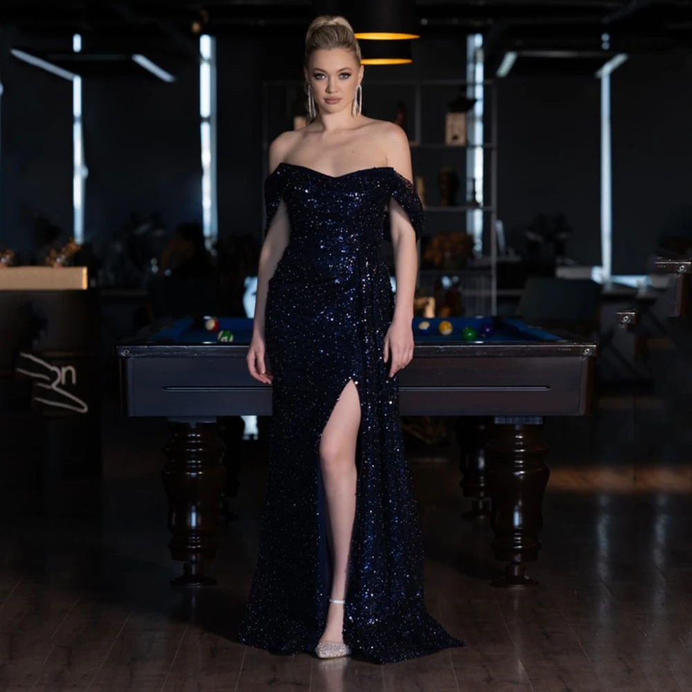 

Customized Jiayigong Sparkly Navy Blue Formal Gala Dress Off the Shoulder With Sequined Sexy Backless Side Split Floor Length Ev