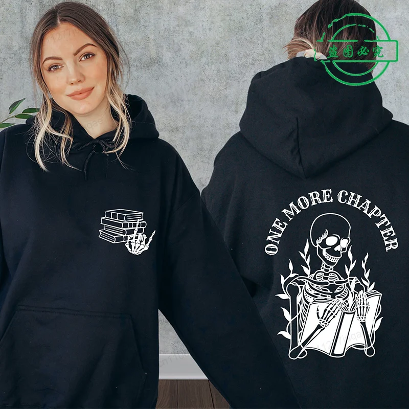 

One More Chapter Skull Book Printed Sweatshirt Men Women Street Hooded Hipster Soft Hoodies Book Lover Hip Hop Warm Sportswears