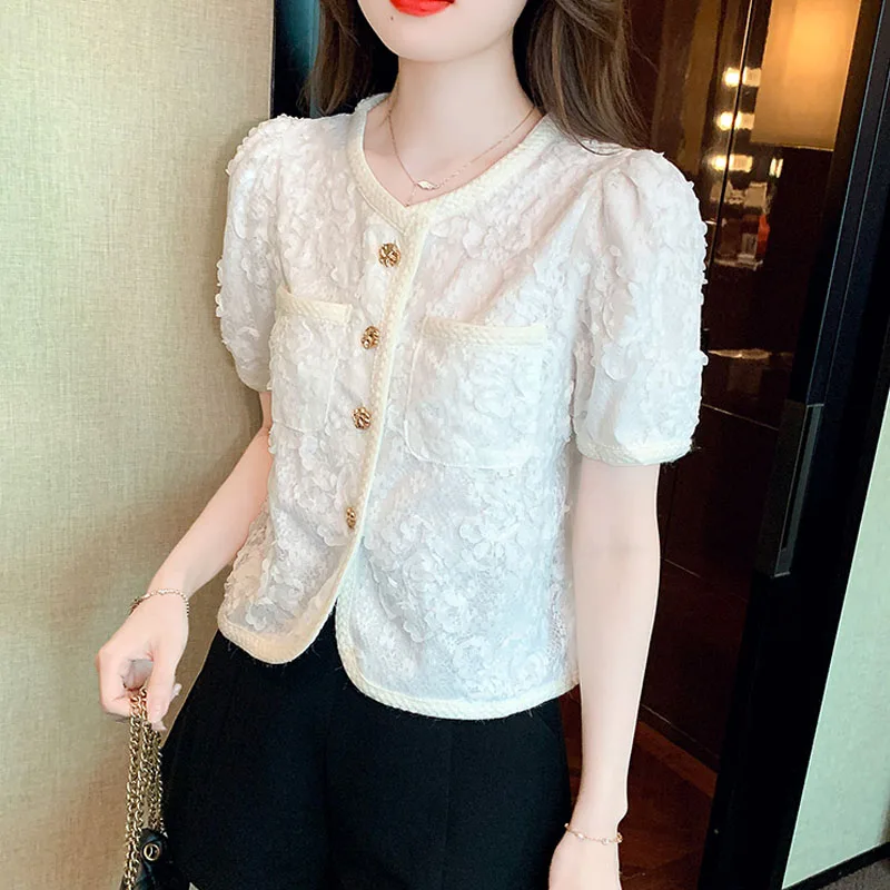 Summer Fashion Short Sleeve O-Neck Women Shirt Casual Lace White Blouse Shirt Women Tops Blusas Mujer De Moda 2024 Verano H610