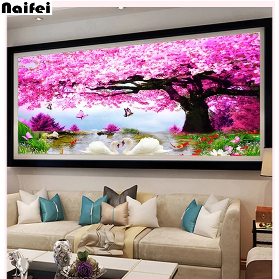 Diy diamond Embroidery Sakura under the swan 5D Diamond Painting Scenic Garden Cross Stitch Kit Home Decor Full drill mosaic