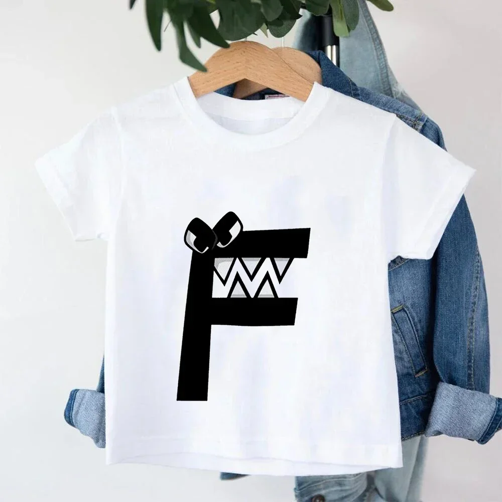 Kawaii الأبجدية لور أنيمي لعبة تي شيرت للأطفال قصيرة الأكمام a B C D E F G بنين بنات الأطفال هدية عيد ميلاد الملابس