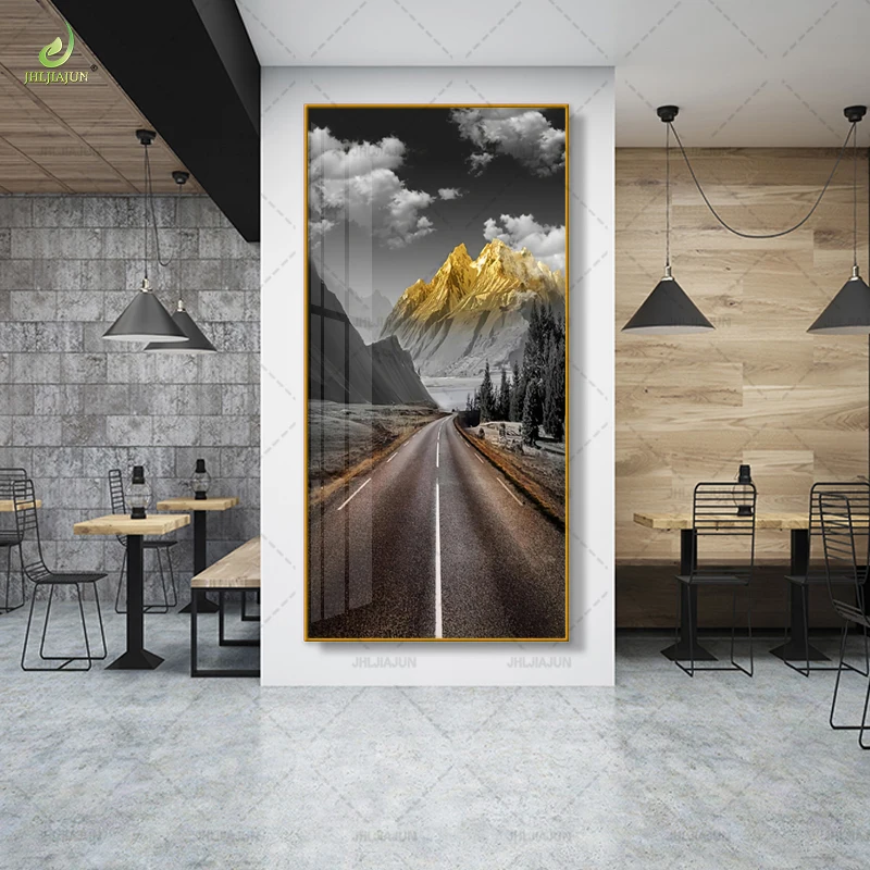 New luxury gold frame highway snow mountain scenery graphic living room crystal porcelain mural home decoration LED wall art