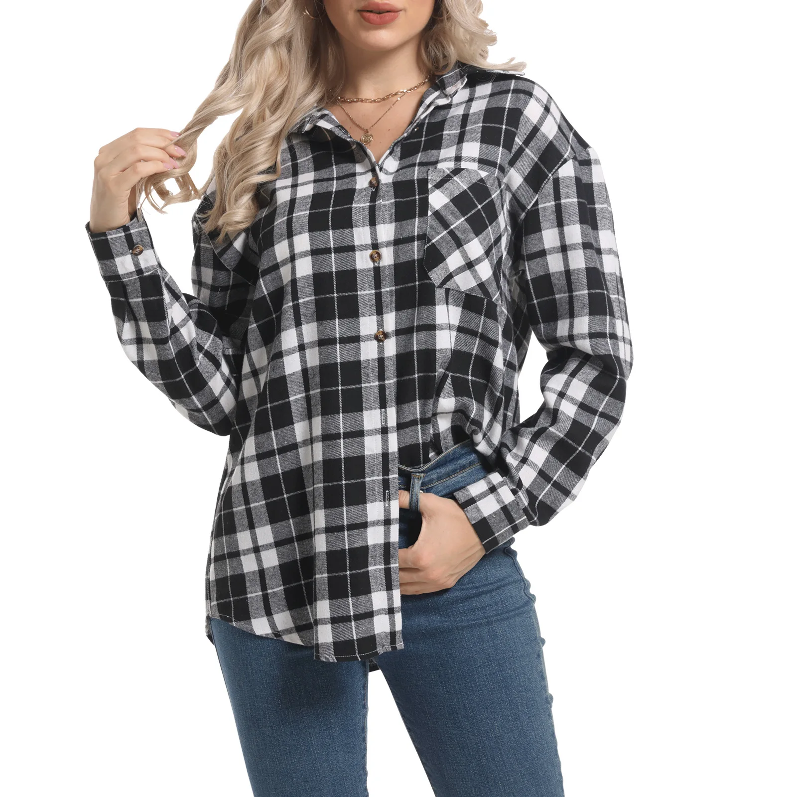 Prowow Casual Classical Plaid Women Blouses Loose Style Long Sleeve Female Tops Clothes Single Breasted Top Outfits Blusas