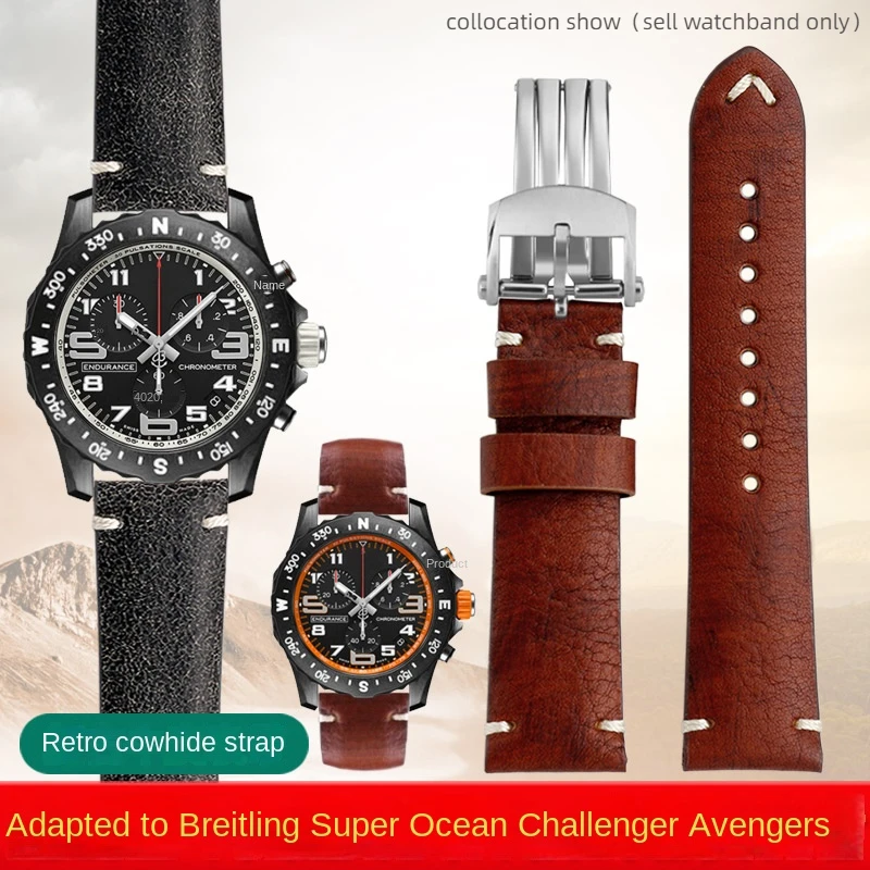 

For Breitling leather watchband Super Ocean Challenger Avenger Brown gray Vintage cowhide men's Folding buckle watch strap 22mm