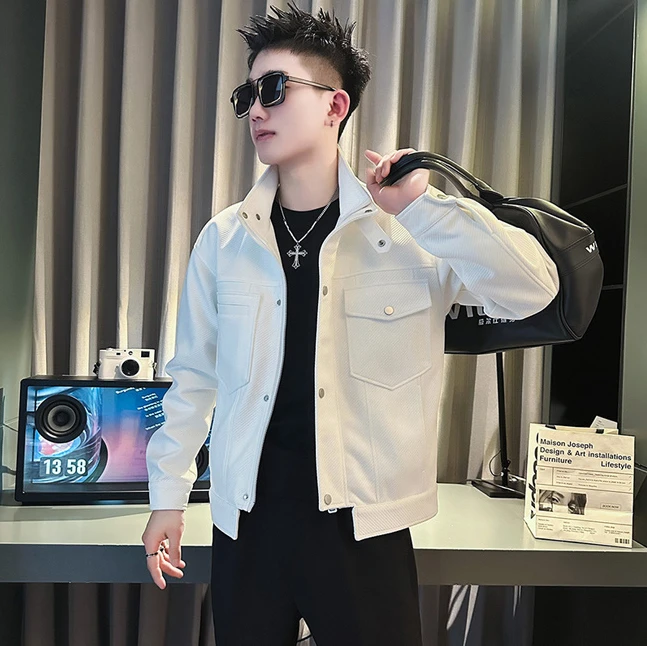 Solid Color Large Pocket Baseball Jacket Men Coat Lapel Jacket Male Club Outfit Green  Retro High Street Couple Bomber Jacket