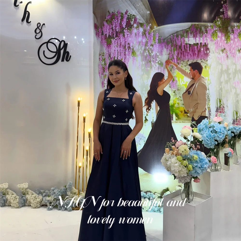 

NFYN Navy Blue Formal Gown Square Neck Prom Dresses Sleeveless Evening Dresses for Woman Rhinestone Belt 프롬드레스 Customized