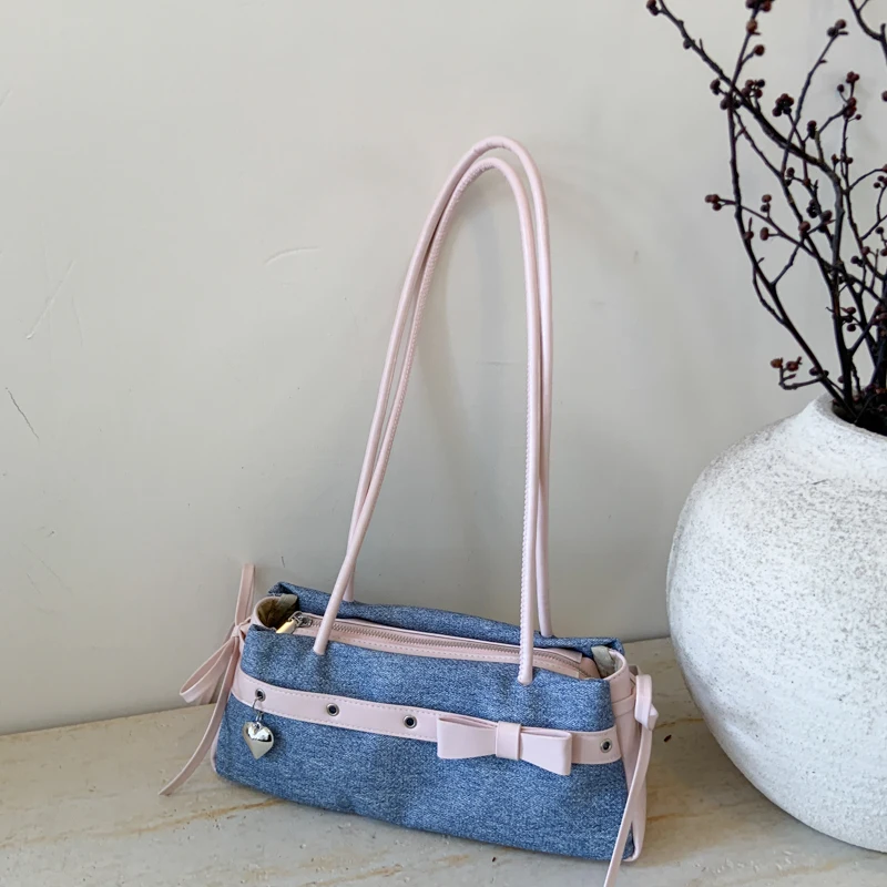 

Новые однотонные джинсовые женские сумки с бантом, модная модная персонализированная сумка через плечо, хит продаж, лаконичная универсальная сумка на плечо