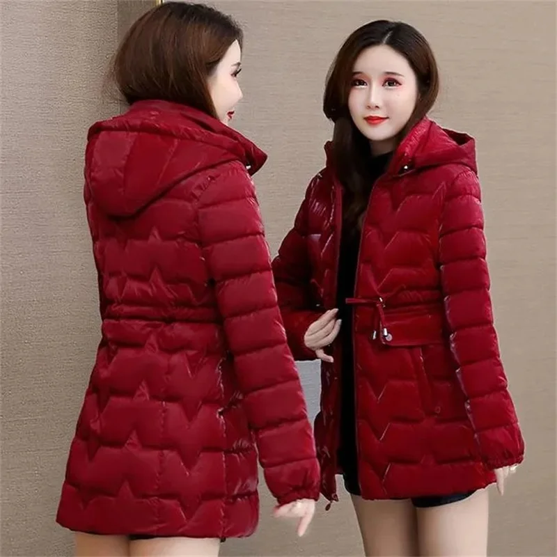 Casaco feminino acolchoado de algodão brilhante e perolado, longo, fino, com capuz, acolchoado, jaqueta quente, casaco feminino, Novo, 2023