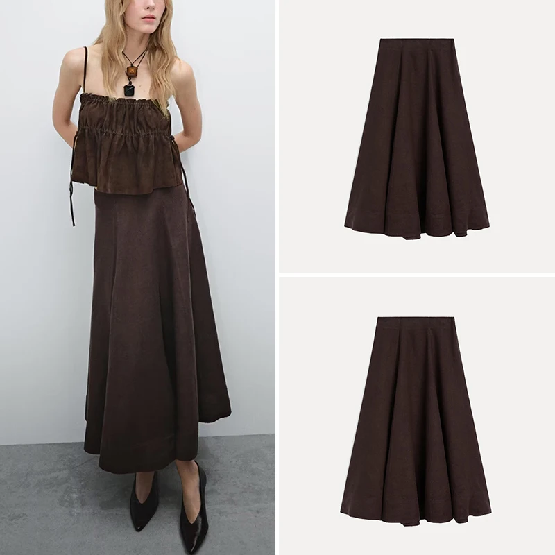 

Pure Linen Brown Women's Spring 2025 A-Line Skirt Midi Dr Versatile Sle Z Brand Polyester Fiber 00%