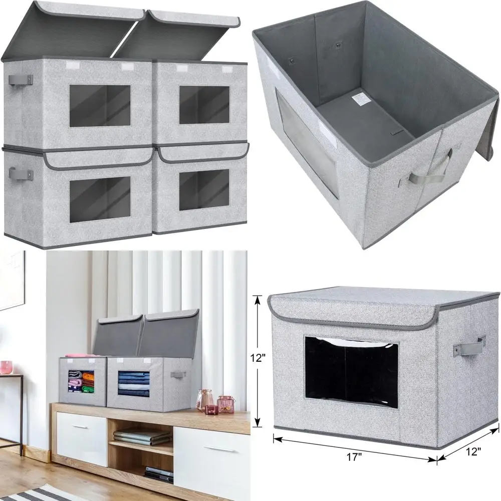 

Collapsible Storage Boxes 4-Pack, Large Stackable Bins with Lids for Home and Office, Gray, 17 x 12 x 12