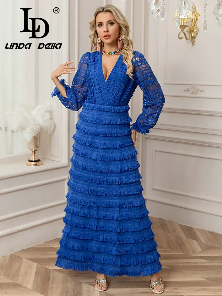 LD LINDA DELLA 2025 Spring/Summer New Design V-neck Hollow Lantern Long Sleeve Heavy duty tassel A-line Skirt Long Dress