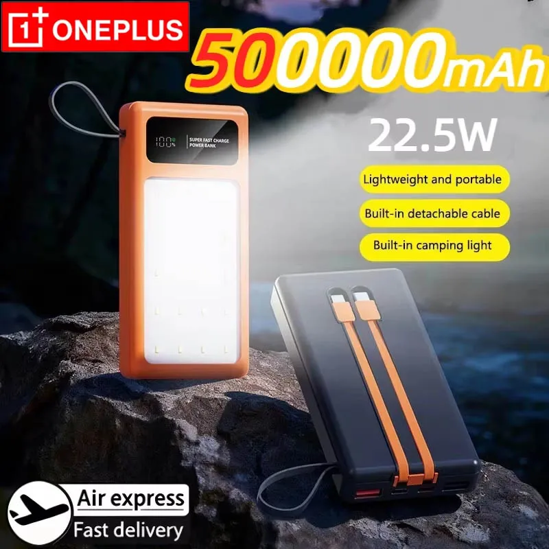 OnePlus 100000mAh Power Bank PD22.5W Built-in Cable Mobile Power Supply Outdoor High-Brightness LED Camping Light Backup Battery