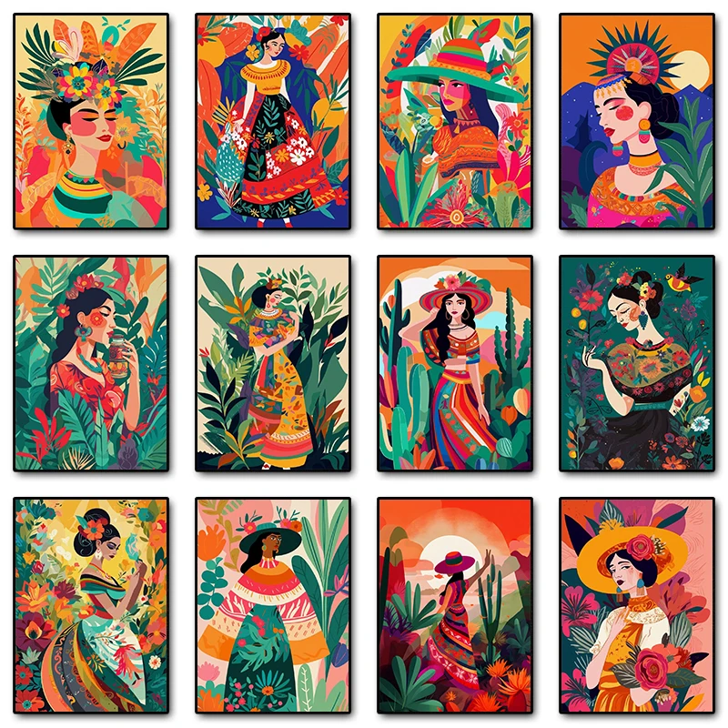 (2D Canvas Painting)  Woman Flower Plants Ethnic Latinx Poster Print Canvas Painting Latina Eclectic Maximalist Wall Art Pict