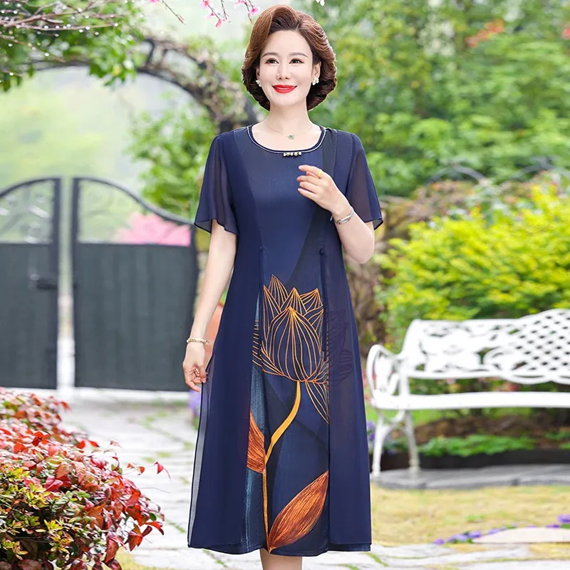 Summer fake two Casual Midi Dress Vintage Lotus printing chiffon Dress Women Elegant loose Party Vestidos Plus size 5XL