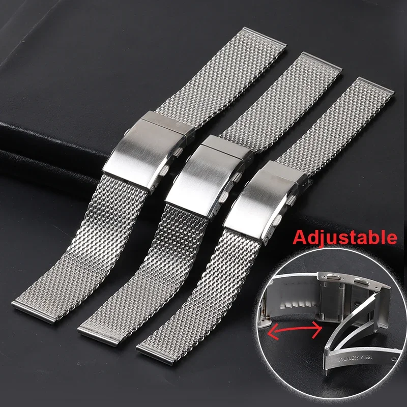 Extended Length Milanese Mesh Bracelet for Big Wrist 18mm 20mm 22mm WatchBands Folding Buckle Luxury Stainless Steel Wristband