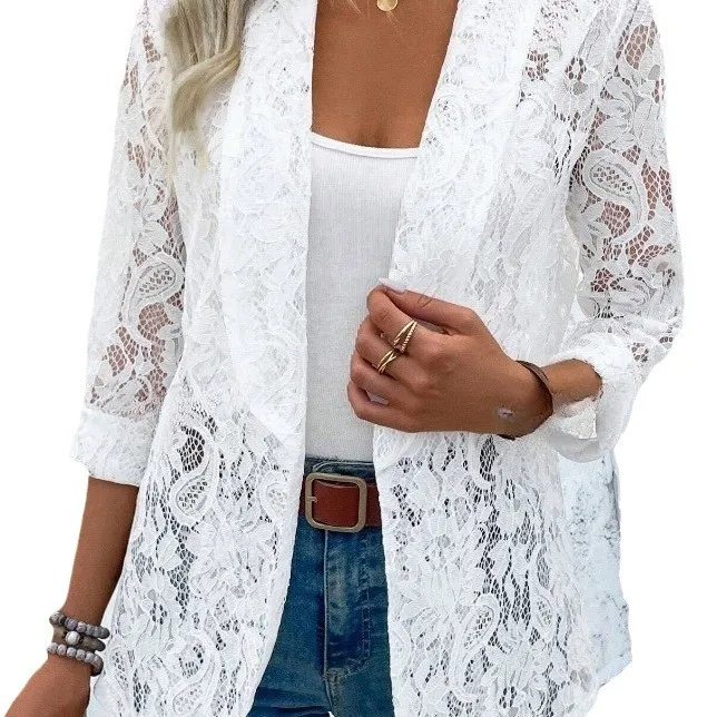 Summer White Lace Hollow Out Women\'s Coat Solid Open Stitch Blazers Outdoor Business Jackets Lightweight Office Ladies Coats
