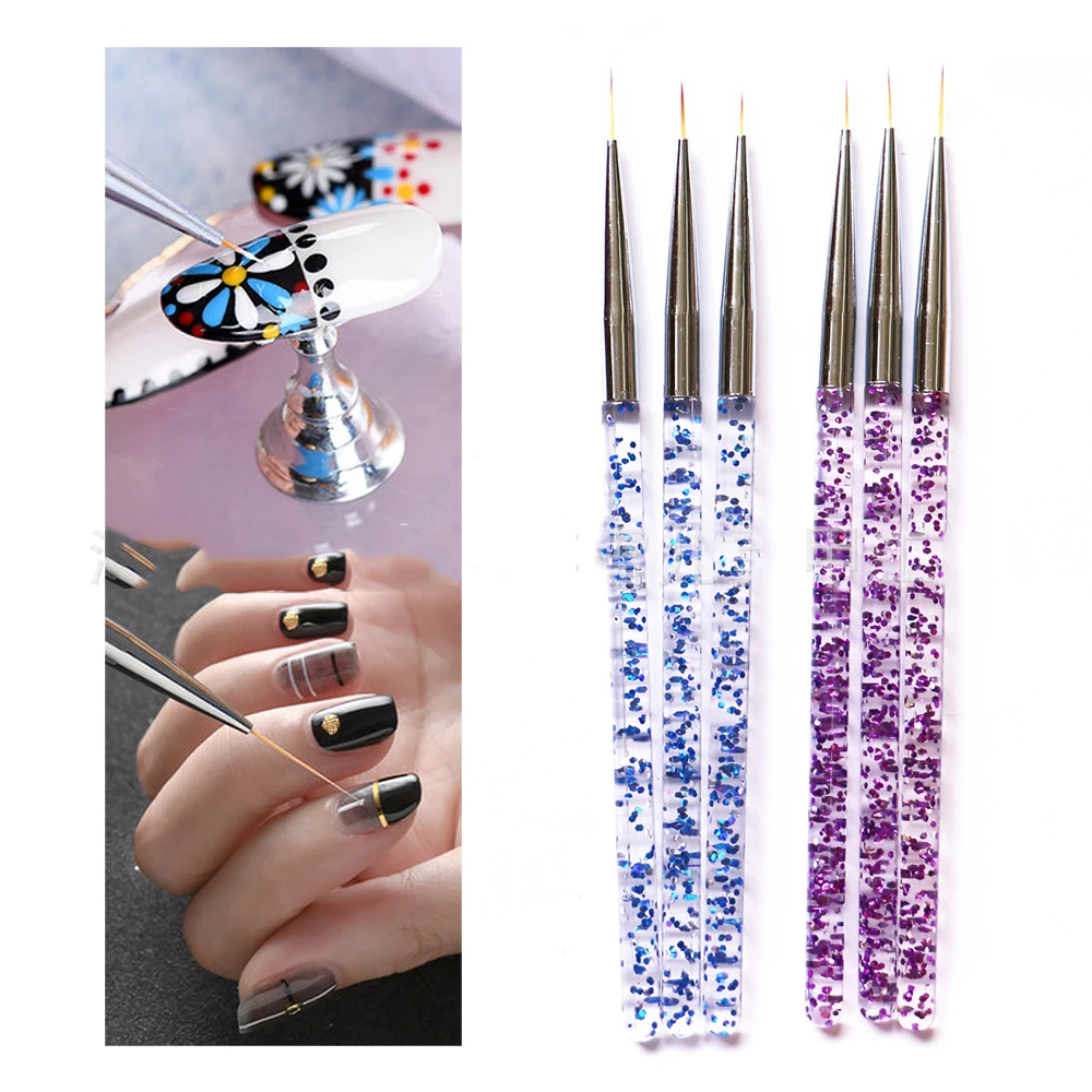 3pcs/Set Nail Art Line Painting Pen 3D Tips Acrylic UV Gel Brushes Drawing Crystal Liner Glitter French Design Manicure Tool