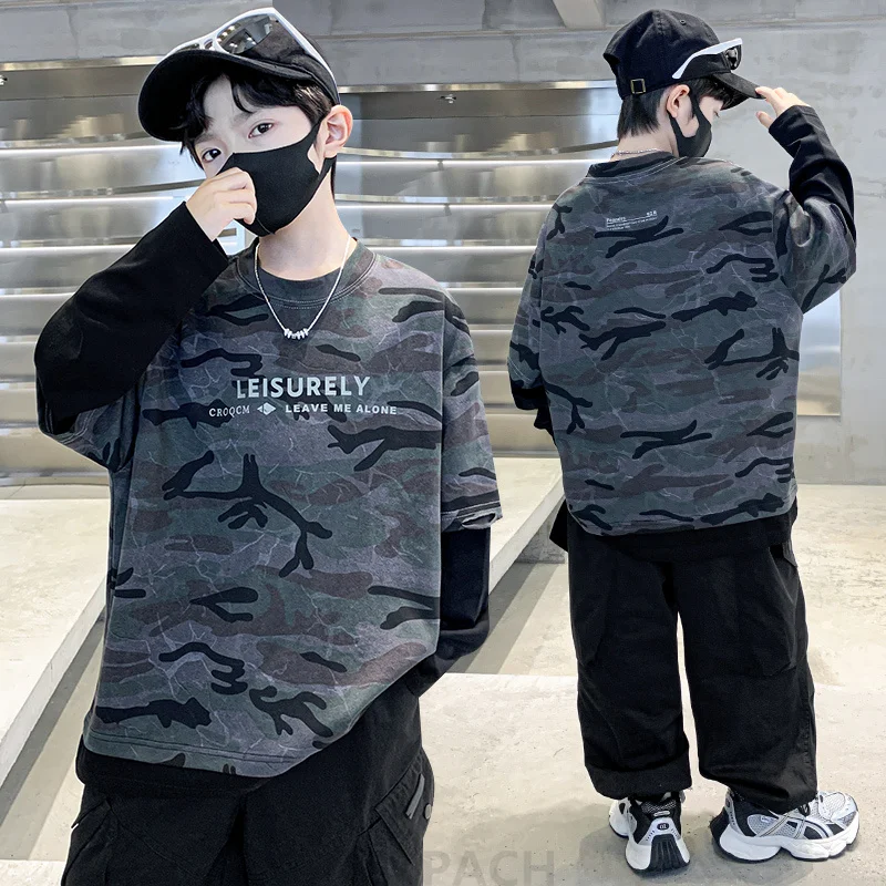 

Stylish Children Spring Autumn y2k Camouflage Cotton T-shirt for Big Boy Casual Sports Clothing Tee Tops Kids Long Sleeve Tshirt