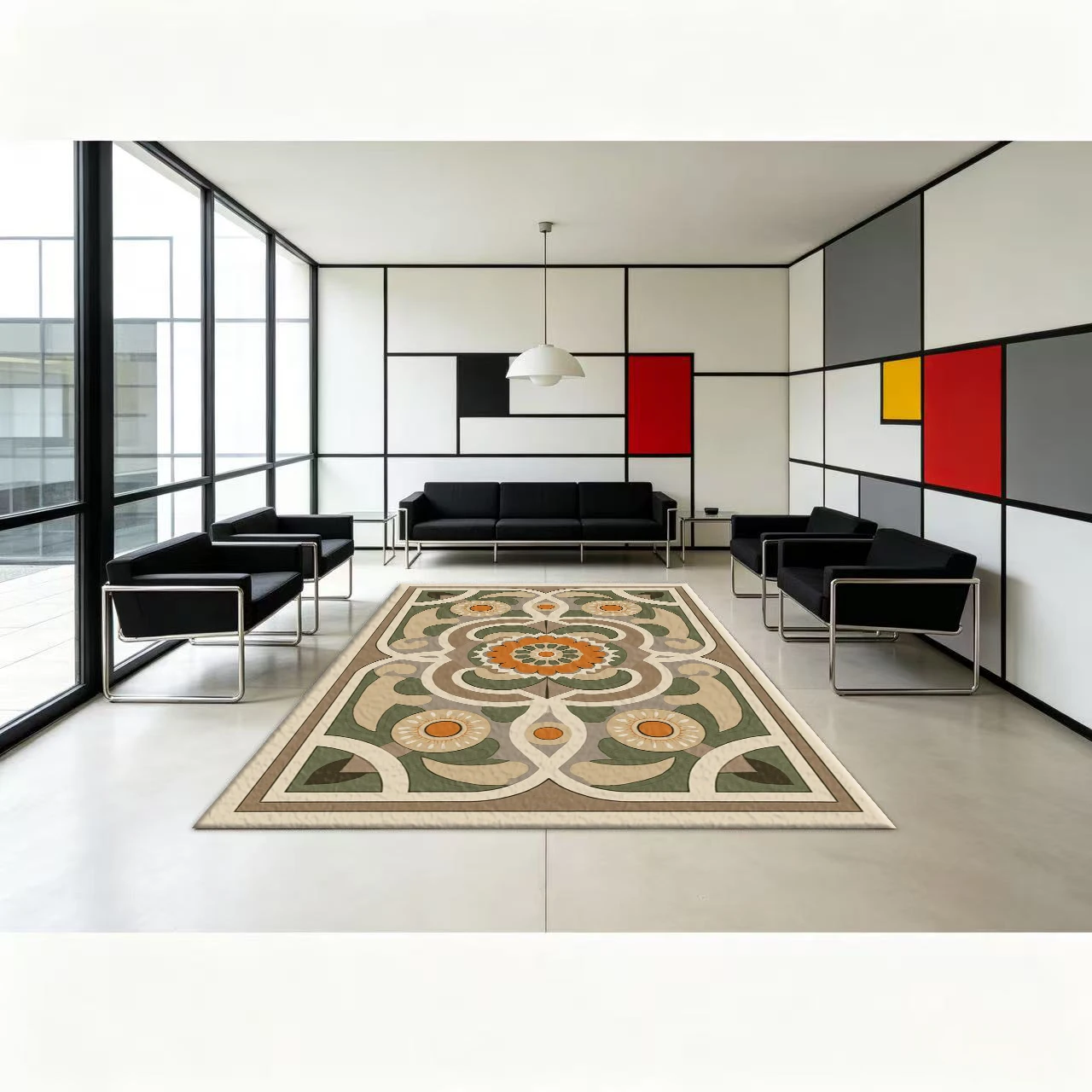 Vintage Neutral-Toned Geometric Floral Carpet with Retro Prints, Suitable for Dining Room and Home Decor