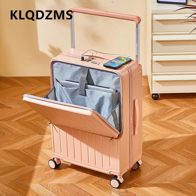 KLQDZMS Women's Suitcase Front Opening Aluminum Frame Trolley Case Laptop Boarding Case USB Charging 20"24"26 Inch Men's Luggage