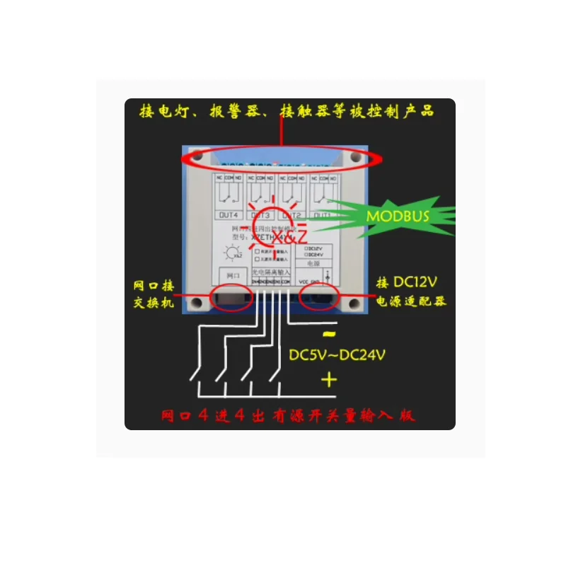 Network port four in four out relay control board/Ethernet/TCP/network switch quantity Input/output MODBUS