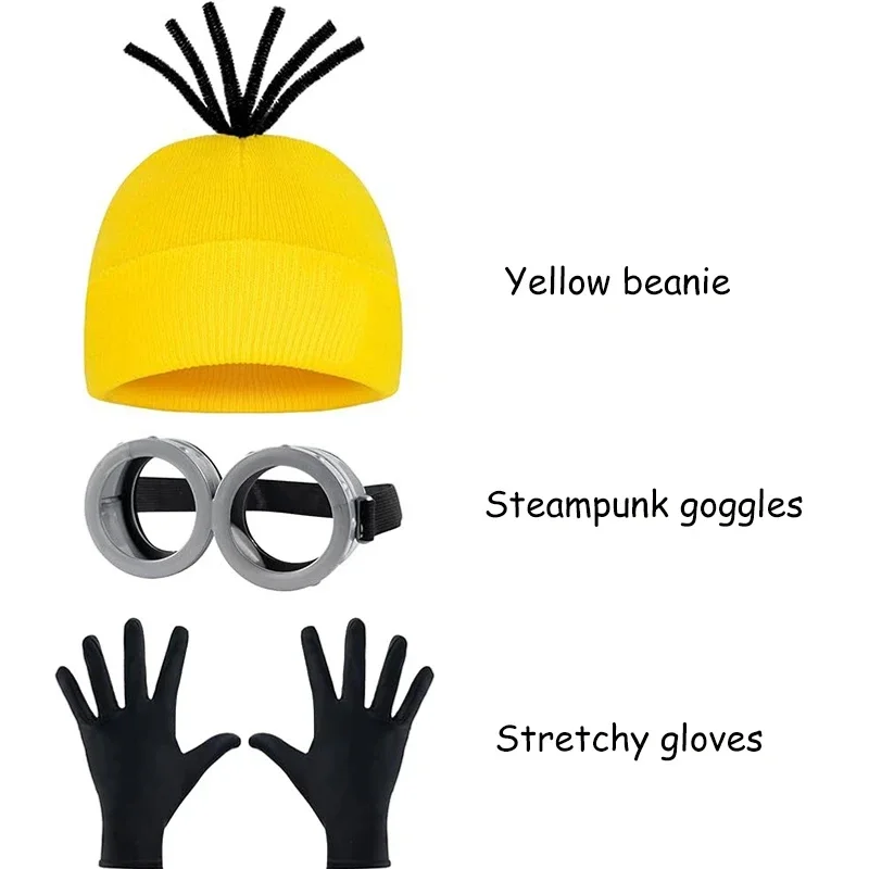 Anime Despicable Me Minions Cosplay Costume Yellow Beanie Stretchy Gloves Steampunk Goggles Halloween Costumes for Adult and Kid