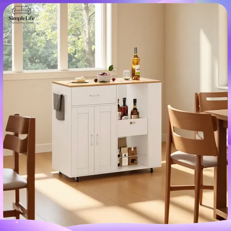 Kitchen Storage Cabinet with Drawer Open Shelves Spice Racks and Cabinets Mobile Kitchen Island with 4 Swivel Casters Oak
