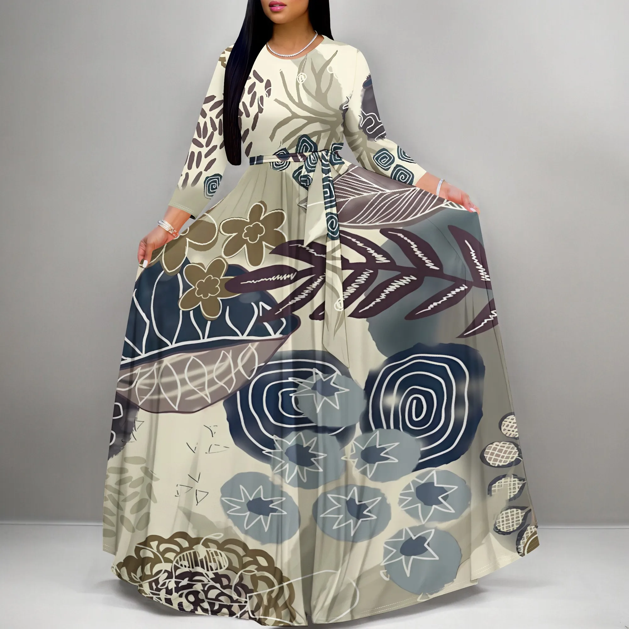 

Nupusa Women's Standard Size Dress, Half Sleeve, Belted, Artistic Plant Patterned Maxi Dress