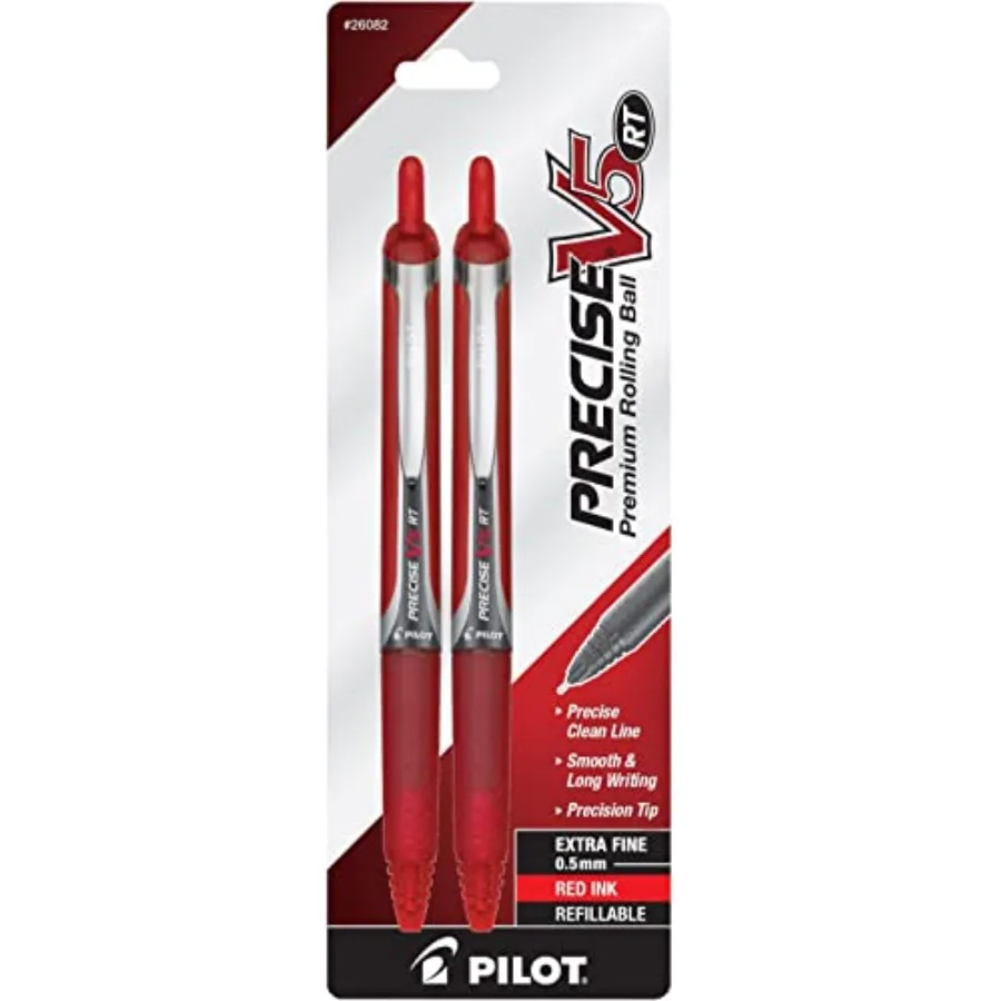 

Precise V5 RT Refillable and Retractable Rollerball Pens, Extra Fine Point Pens 0.5 mm, Red, Pack of 2 - Ideal for School, Jour