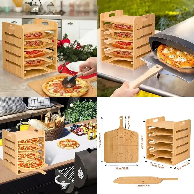 for Wooden pizza shovel stands, including 4 anti-stick bamboo pizza shovels, real wooden stands