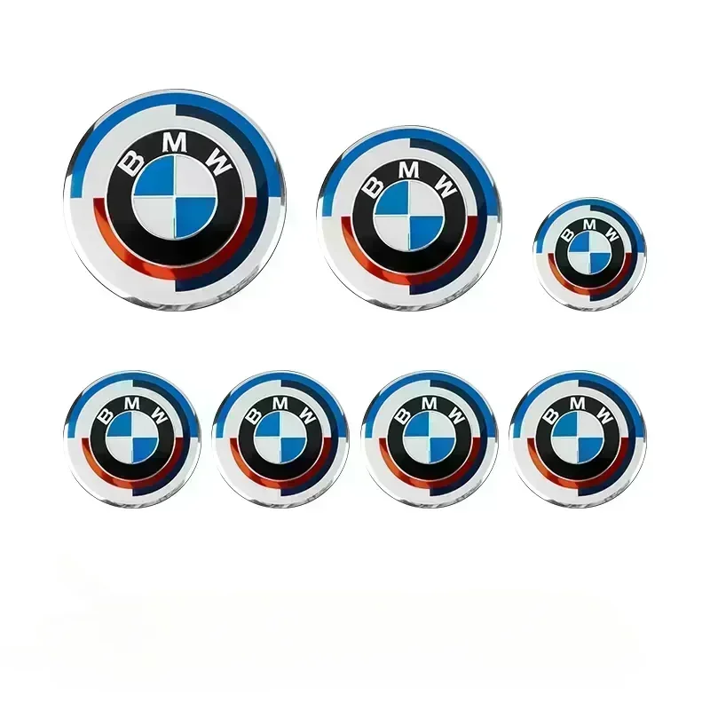 2024 New 7Pcs Front Hood Emblem For BMW 50th Anniversary Logo 82mm+Rear Badge 74mm+Wheel HubCap 68mm+Steering Wheel Sticker 45mm