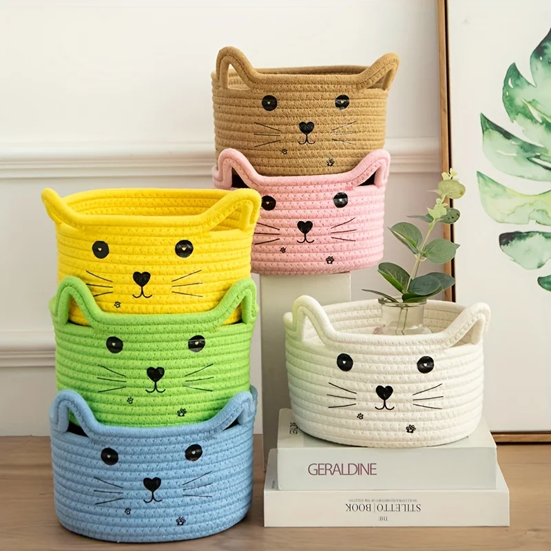 Adorable Cat Face Woven Cotton Storage Basket Durable Organizer for Dorm Bedroom Office Sundries Sorter for Living Room Desktop