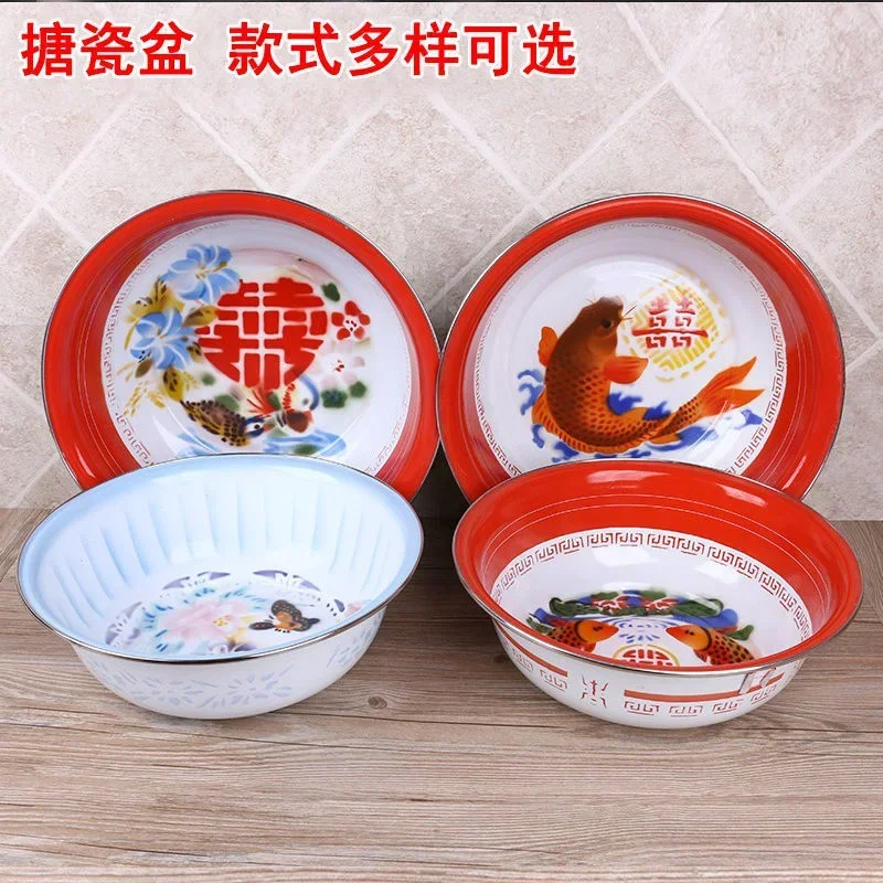 Thickened Enamel Basin Household Washbasin Vegetable Wedding Basin Nostalgic Iron Basin Fruit Bowl Bowls Ramen Bowl Salad Ins