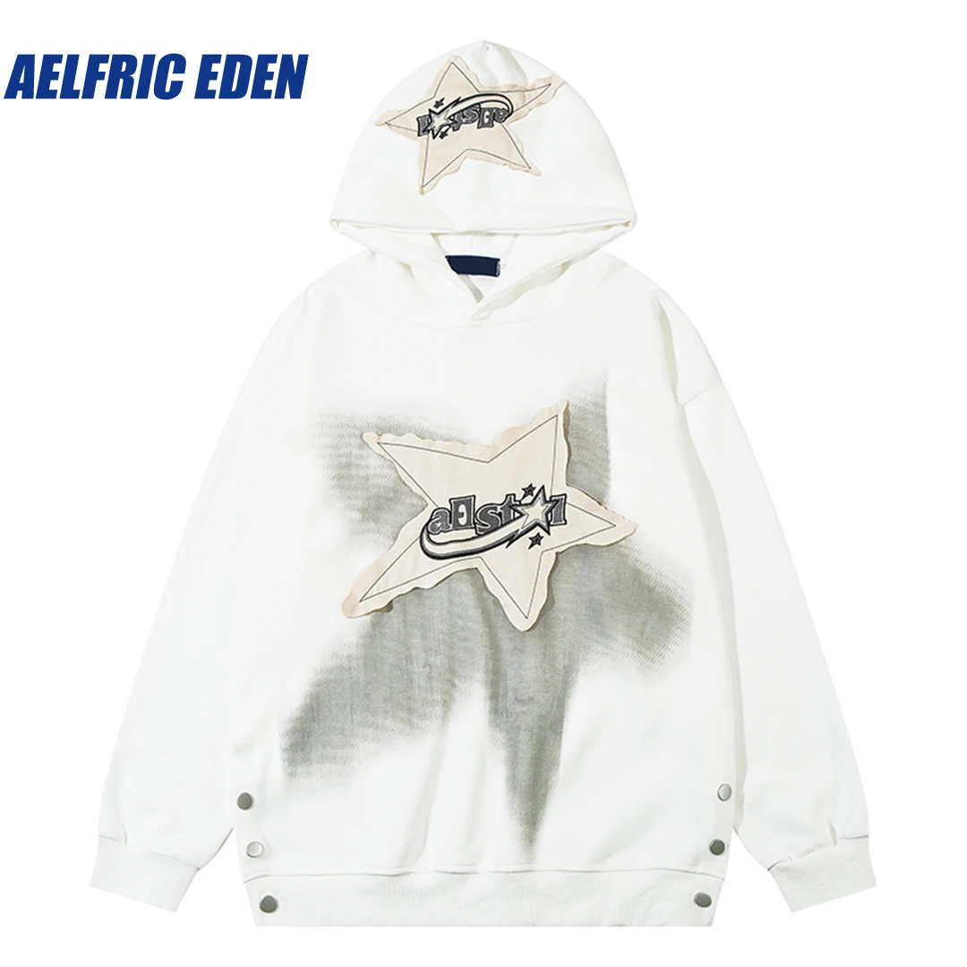 Aelfric Eden Irregular Star Applique Hoodie Sweatshirt Men Y2K Harajuku Casual Hip Hop Loose Cotton Streetwear Hooded Pullover