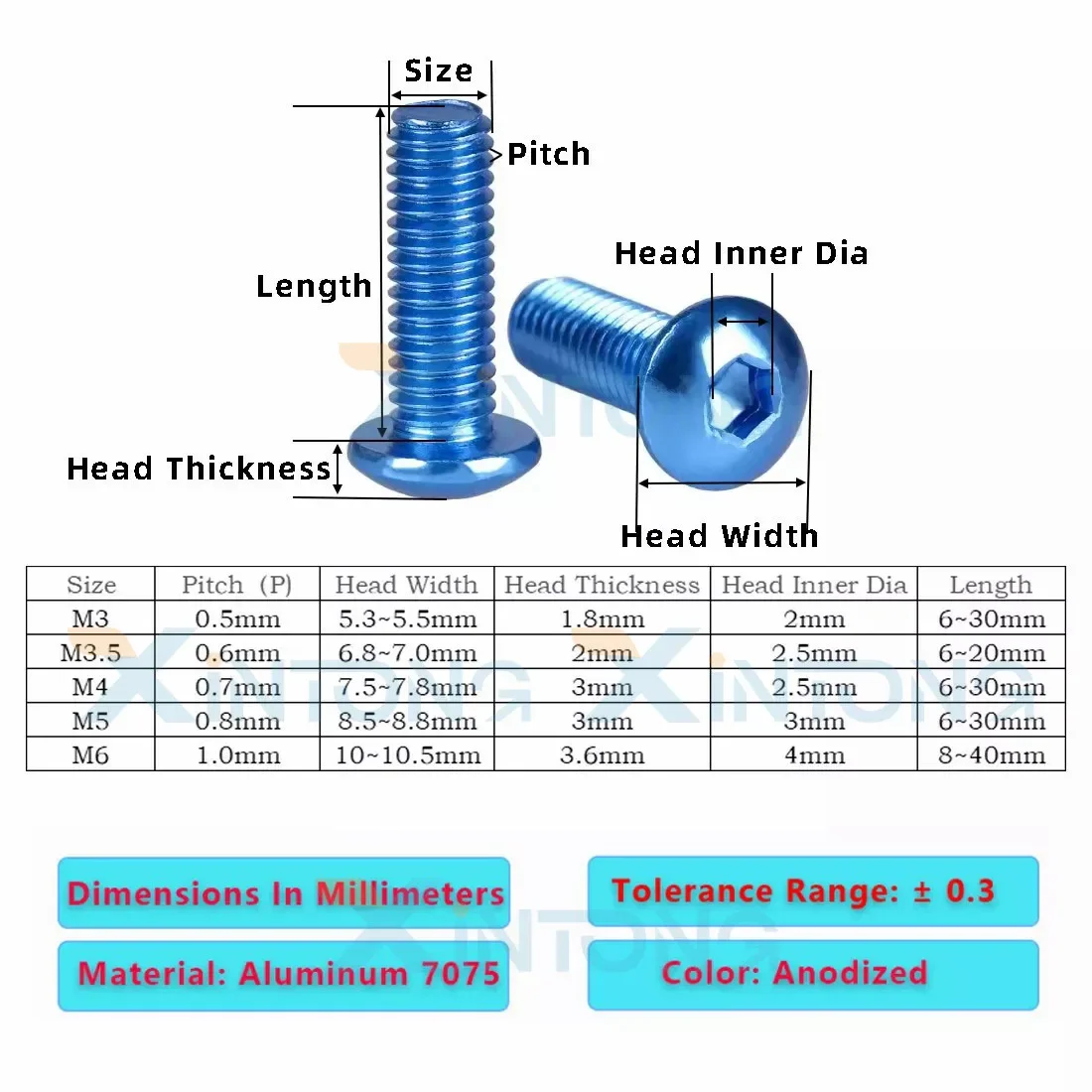 ボタンヘッドネジ、陽極酸化アルミニウム合金、アレン六角ソケットボルト、ロイヤルブルー、l = 6mm〜40mm、m3、m3.5、m4、m5、m6,5個、10個