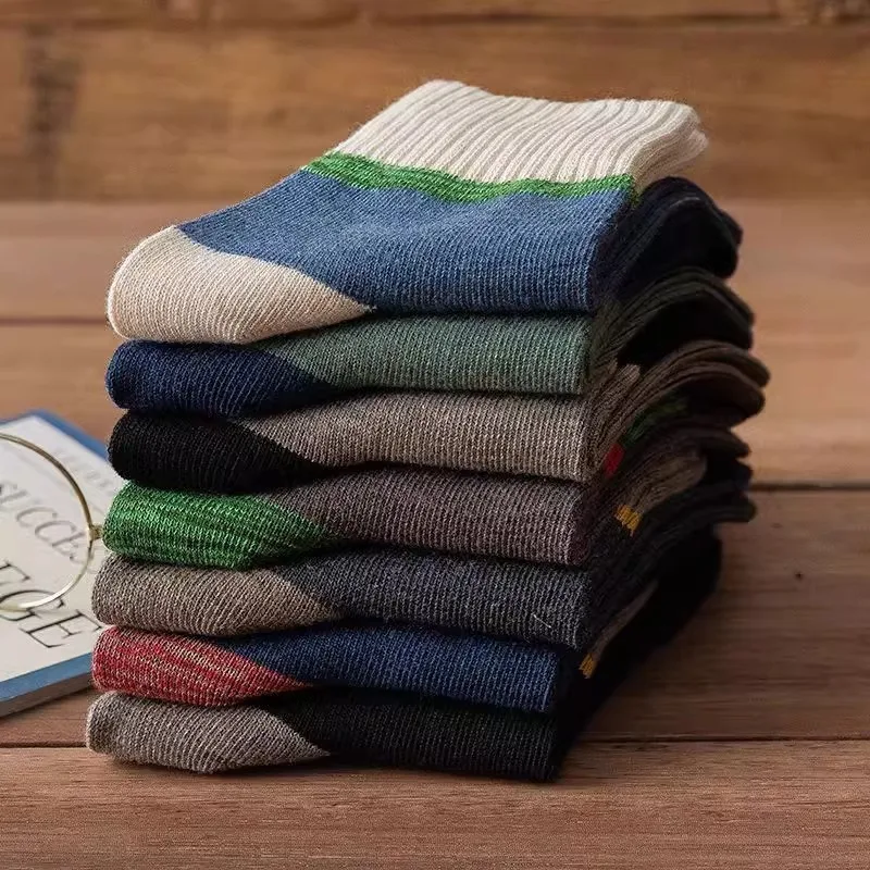7 pares de meias masculinas primavera outono grossas tubo médio anti odor absorção de suor cor bloqueada antiderrapante desportivo simples meias casuais